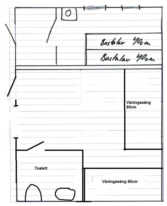 Handritad skiss av rum med två våningssängar och en toalett, utan avdelare mellan sängarna.