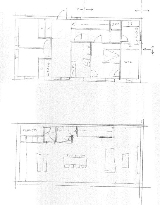 Skiss av omdesignat entréplan för ett hus med allrum, kök, tvättstuga och sovrum.