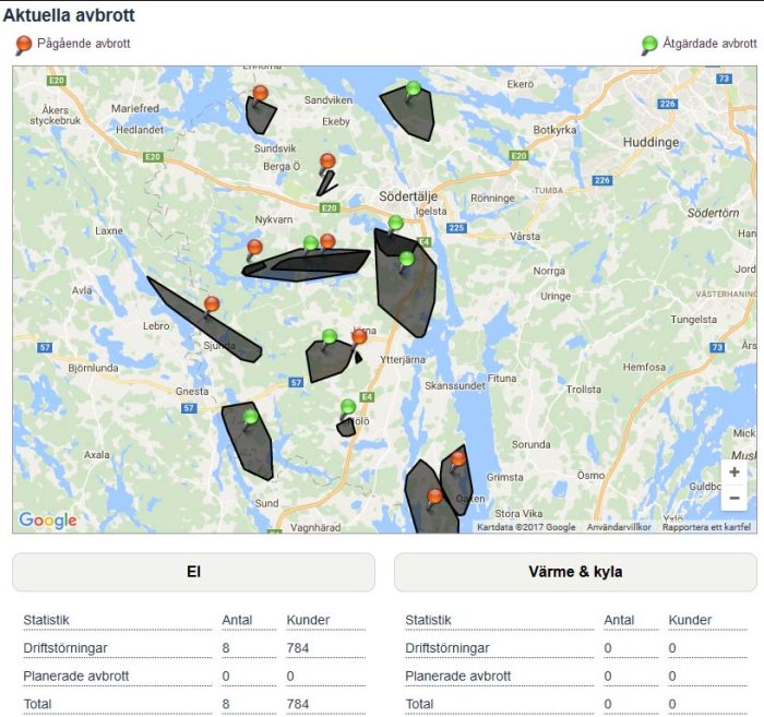 Karta över aktuella strömavbrott med markeringar för pågående och åtgärdade avbrott i olika områden.