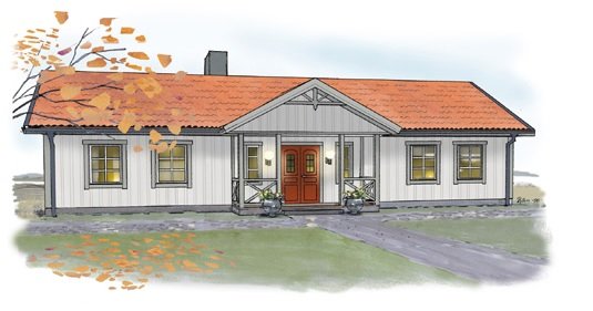 Illustration av ett enplans lösvirkehus, Valloxen, från Floods Träshus på 124 m2.