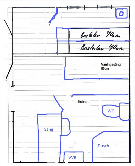 Handritad planritning av ett badrum med inredd dusch, toalett och sovrum med detaljer.