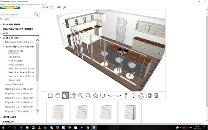 Skärmdump av ett köksdesignförslag skapat i IKEAs planeringsverktyg med skåpstommar och köksö.