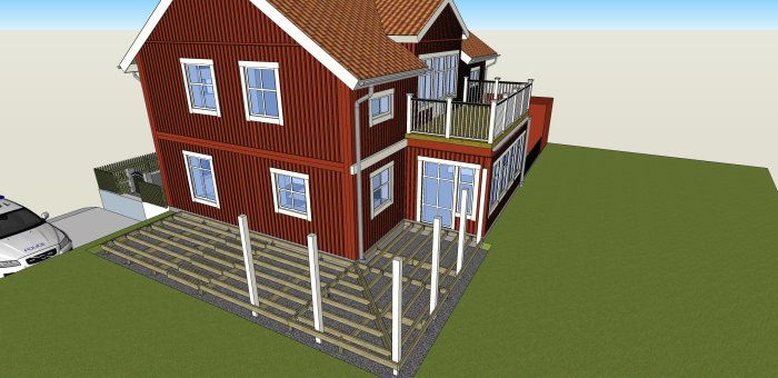 3D-modell av hus med stomkonstruktion av veranda runt omkring.