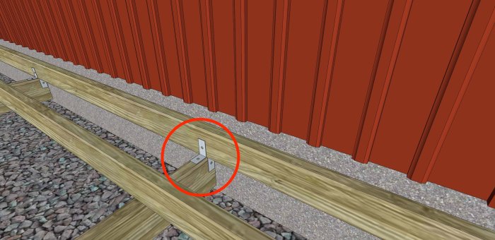 Illustration av träbärlina fäst vid husvägg med vinkeljärn, markerad med röd cirkel, i ett planerat verandabygge.