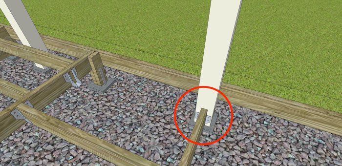 3D-modell av träkonstruktion för veranda med fokus på fästelement och stolpe.