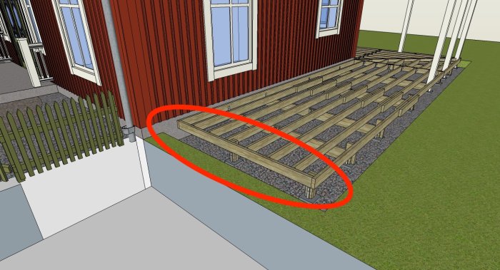 3D-modell av trädäcks stomkonstruktion med bärlinor och reglar nära en röd träfasad, markerad för detaljfråga.