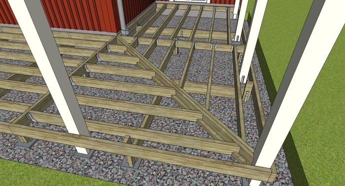 3D-modell av en stomkonstruktion för veranda med träreglar, bärlinor och stolpskor.