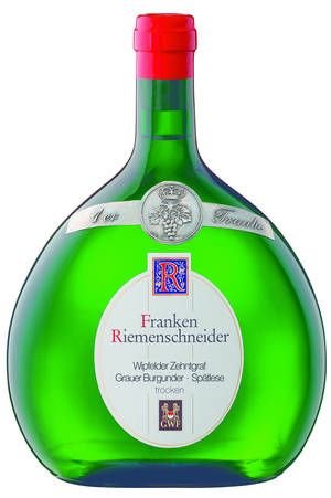 Flaskformad som en Bocksbeutel med etikett för Frankenwein Riemenschneider, tyskt vin.