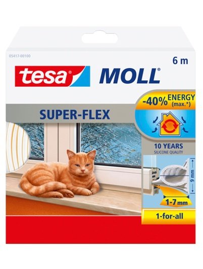Förpackning av Tesa Moll Super-Flex silikontätning med bild på en röd katt vid ett fönster.