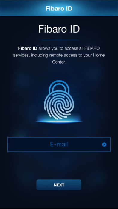 Skärmdump av Fibaro ID inloggningsgränssnitt med e-postfält och NEXT-knapp.