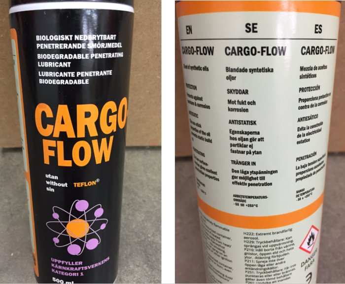 En burk smörjmedel märkt "CARGO FLOW" med text om biologisk nedbrytbarhet och användningsområden på flerspråkig etikett.