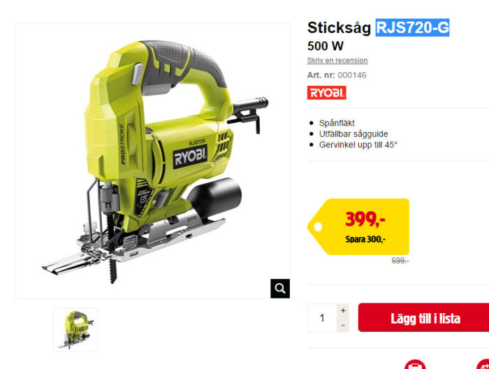 Ryobi sticksåg RJS720-G 500W med prisinformation, visas på vit bakgrund.