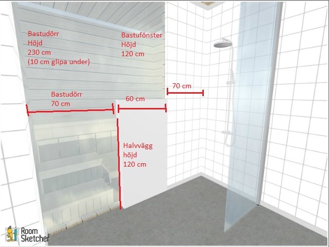 3D-modell av bastu med måttangivelser, våtrumsmatta på golvet och kaklade väggar.