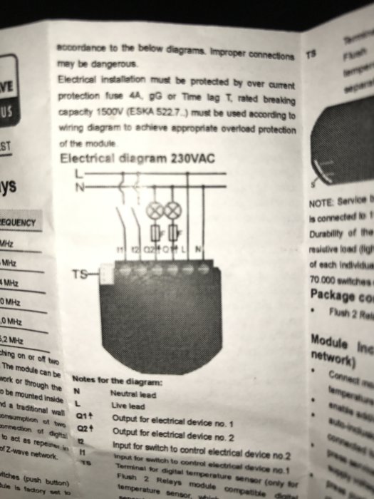 En suddig bild av ett elschema för en flush relay med text och anslutningsbeskrivningar på engelska.