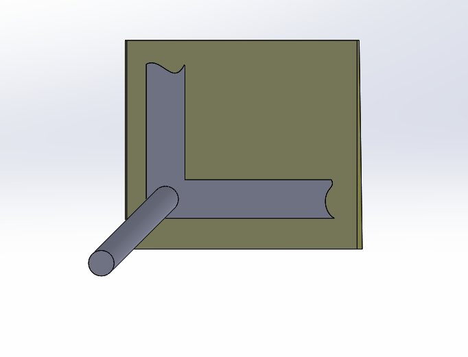 CAD-skiss av en jigg med en rektangulär box och ett objekt i 45 graders vinkel.