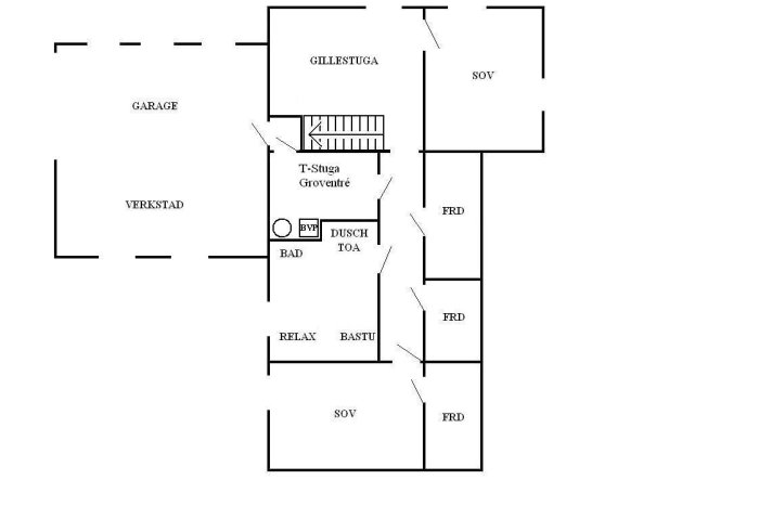 Schematisk planlösning av en källare med markerade stammar och golvbrunnar.