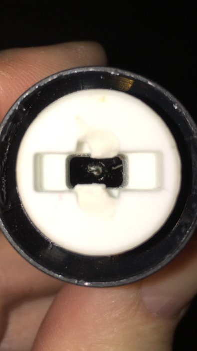 Närbild på en större stiftlampa i en sockel, inkorrekt märkt som E14, jämfört med en mindre G4-lampa.
