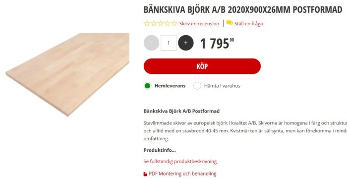 Björkfärgad bänkskiva från Bauhaus webbsida, avsedd för DIY matbordsprojekt.