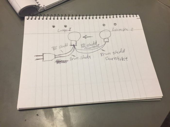 Handritad skiss av elinstallation för två lampor med brun och blå sladd anslutningar.