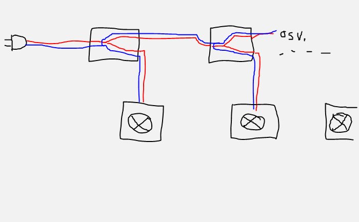 Handritad schematisk illustration av en elektrisk koppling med förgreningar till tre lampor.