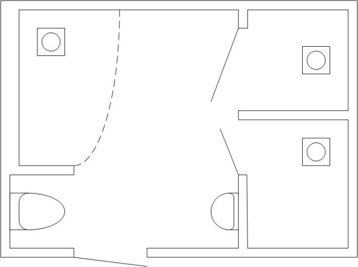 Ritning av badrum med toalett, dusch, handfat och badkar.