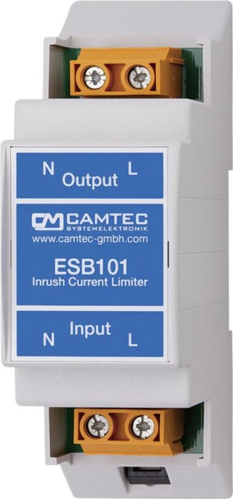 Strömbegränsare för inrush-ström märkt "ESB101" från CAMTEC i en DIN-skenmontering.