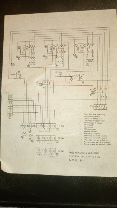 Äldre elschema för en panna med kontaktorer och bygling för 6 kW, 9 kW och 15 kW inställningar.