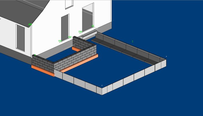 3D-modell av utbyggnad med platta på mark, visar kantelement och isolering vid befintligt hus.