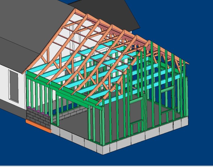3D-modell av ett hus under konstruktion med markerad hög sockel och synlig stomme.