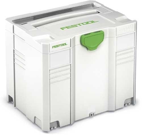 Festool systainer T-LOC i vit och grön färg för förvaring eller modifikation för minikompressorinstallation.