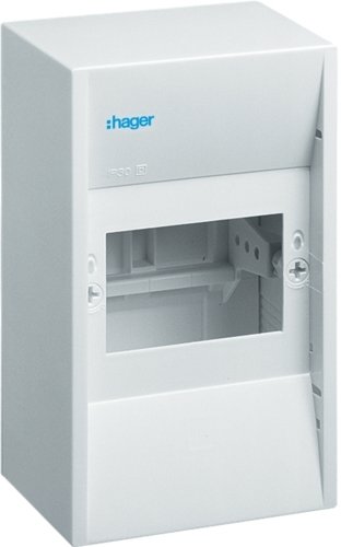 Hager elektrisk kapsling öppen framifrån, tom utan komponenter installerade.