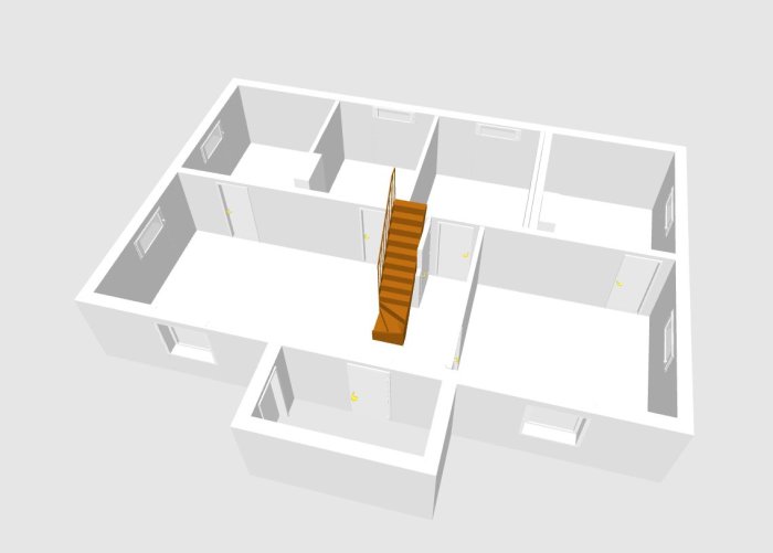 3D-skiss av husets planlösning med markerade väggar där fönster ska bytas och innerväggar tas ner.