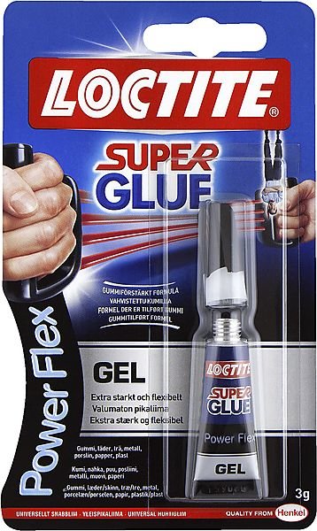 Förpackning av Loctite Super Glue Power Flex gel, extra starkt och flexibelt lim.