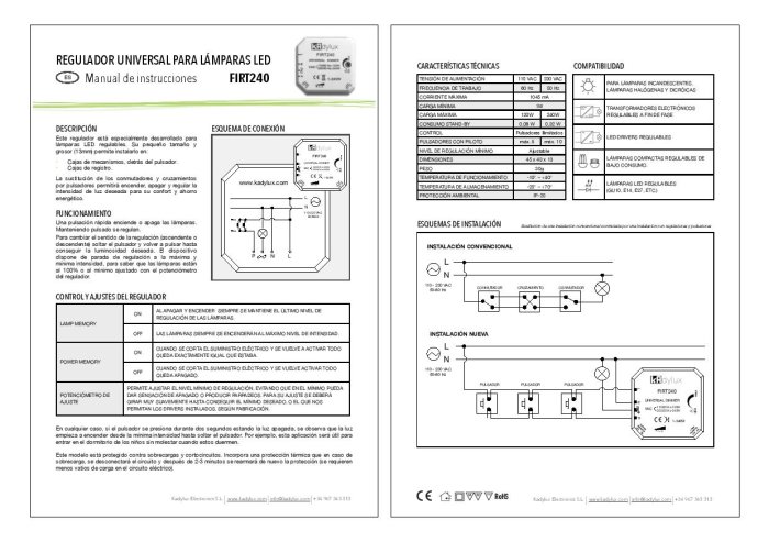 Instruktionsmanual på spanska för LED-lampdimmer med kopplingsscheman.