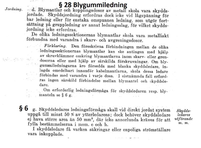 Svartvit bild av en sida ur 1939 års föreskrifter för blygummiledning och jordning.