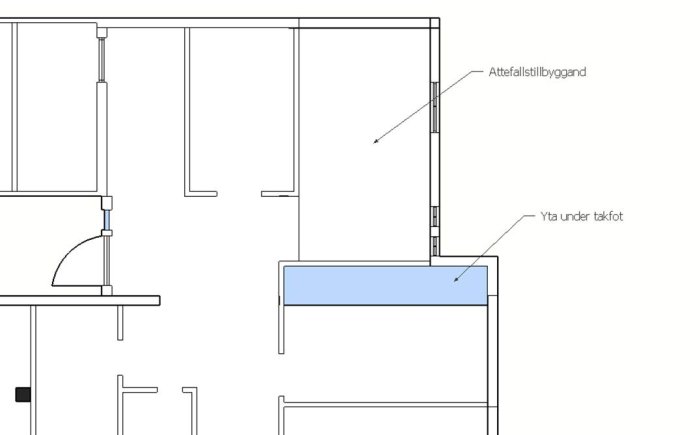 Planritning som visar en potentiell attefallstillbyggnad och en yta under befintligt takfot.