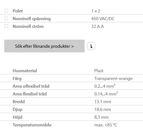 Skärmbild av specifikationer för en elektrisk komponent med poler, spänning och måttangivelser.