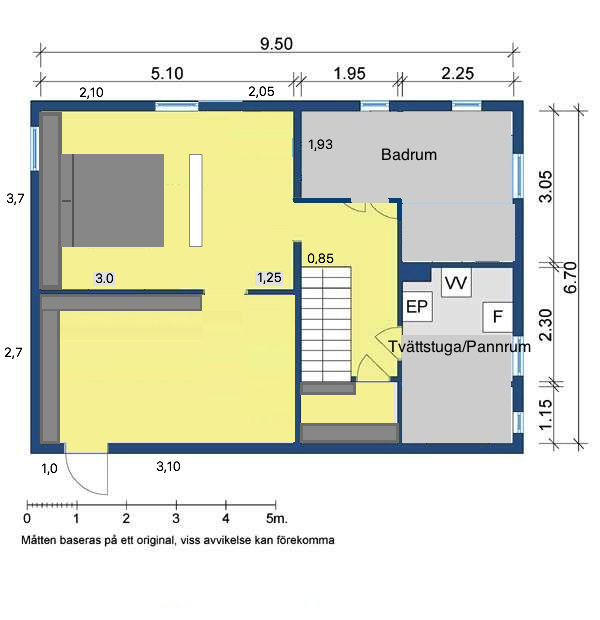 Planritning av en bostad med badrum, tvättstuga och detaljerade mått.