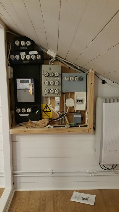 Elcentral med olika säkringar och mätare placerad i ett skåp på en vägg med lutande tak, nära golvet syns kabelkanaler.