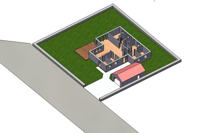 3D-modell av ett hus och ett garage på en tomt, sett ovanifrån, som på en nybyggnadskarta.