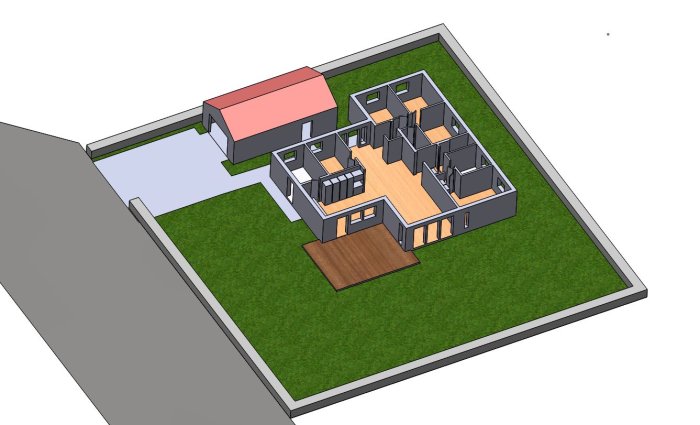 3D-modell av ett spegelvänt hus med angivet garage på en nybyggnadskarta.