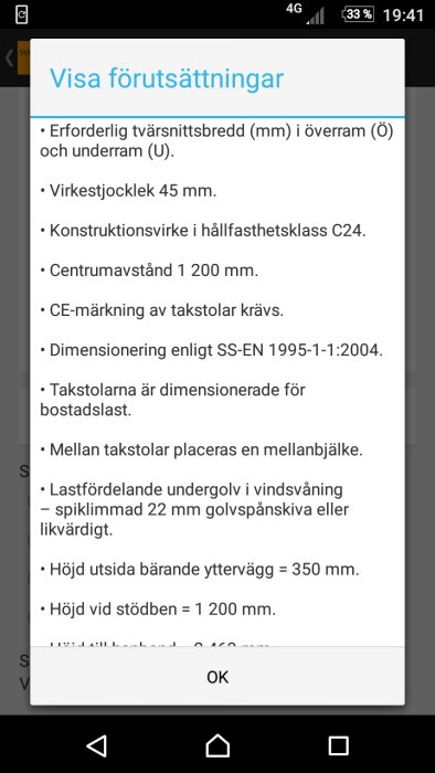 Skärmdump av byggapplikation som visar förutsättningar för dimensionering av takstolar.