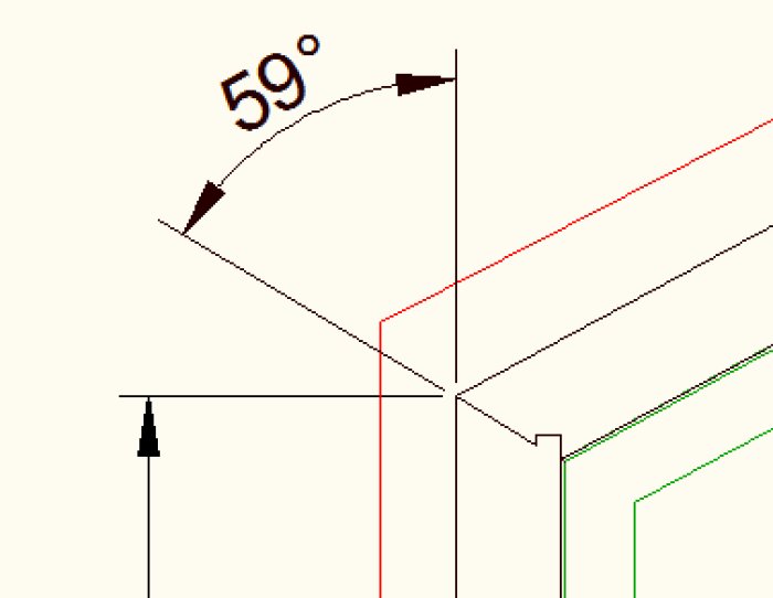 Schablon med 59 graders vinkel indikerad för precisionssågning i trä.