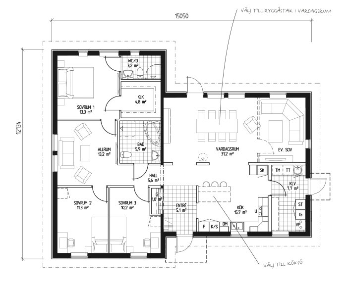 Svartvit ritning av en planlösning för ett hus med kökshalvö, flera rum och möblering.