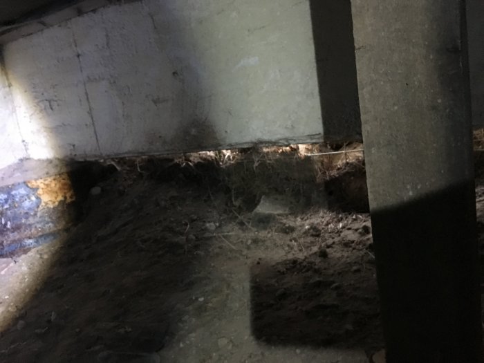 Krypgrund i hus med synliga problem: slarvigt gjutna plintar, brädor, trasig plast och skräp på marken.