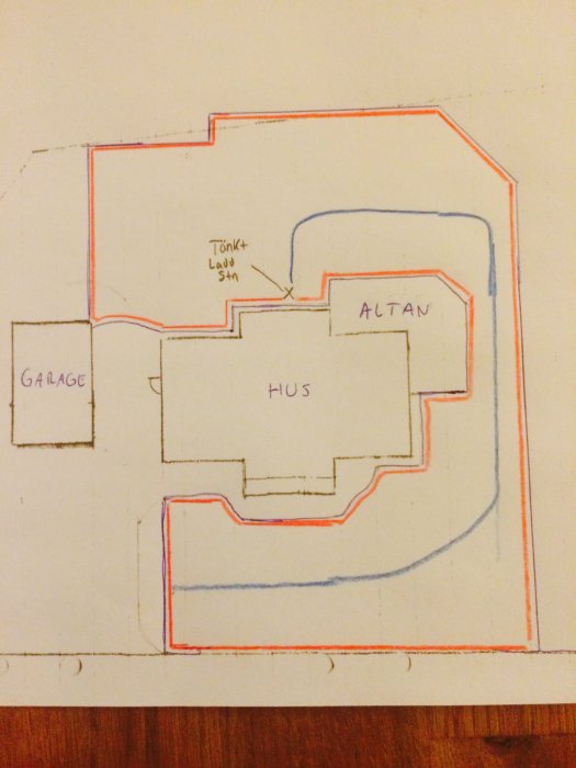 Handritad skiss av en trädgårdsplan med hus, garage, altan och markerad guidekabel för robotgräsklippare.