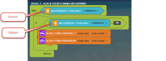 Skärmbild av ett automationsflöde med regel för utomhusbelysning, visande block för Multisensor och värden för luminance.