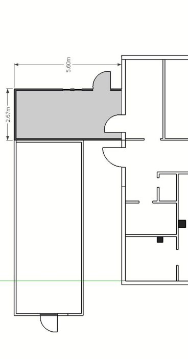 Bygglovsritning som visar översikt av garage och hus med märkt skärmtak och måttangivelser.