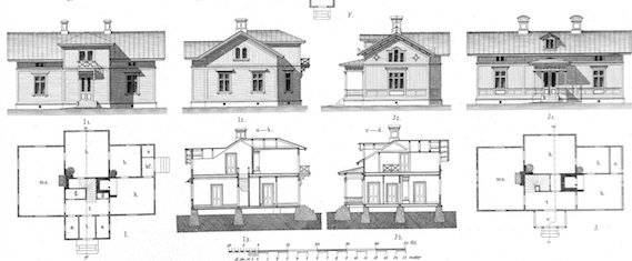 Illustration av arkitektoniska ritningar för landtmannabyggnader från 1890-94 med fasader och planlösningar.