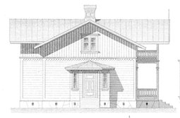 Ritning av gammal husfasad med veranda och sadeltak, inspirerad av 1890-talets arkitektur.